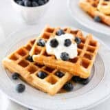 Sourdough waffles on a plate with blueberries.