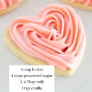 Sugar cookie frosting on a heart shaped cookie with ingredients listed.