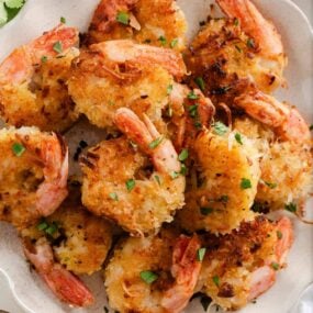 Coconut shrimp on a plate.