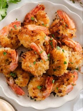 Coconut shrimp on a plate.