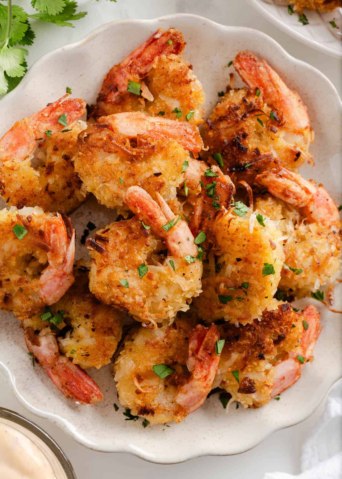 Coconut shrimp on a plate.