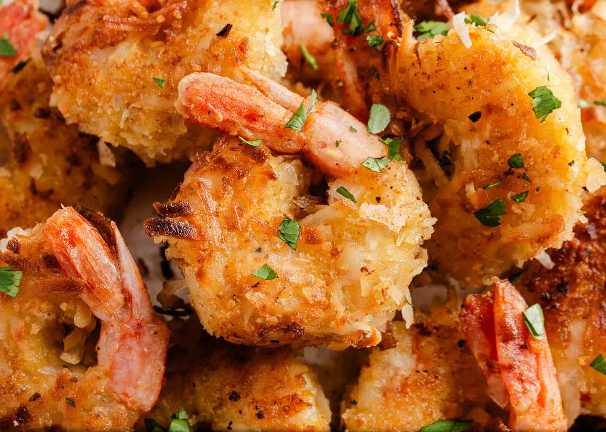 Close up of coconut shrimp.