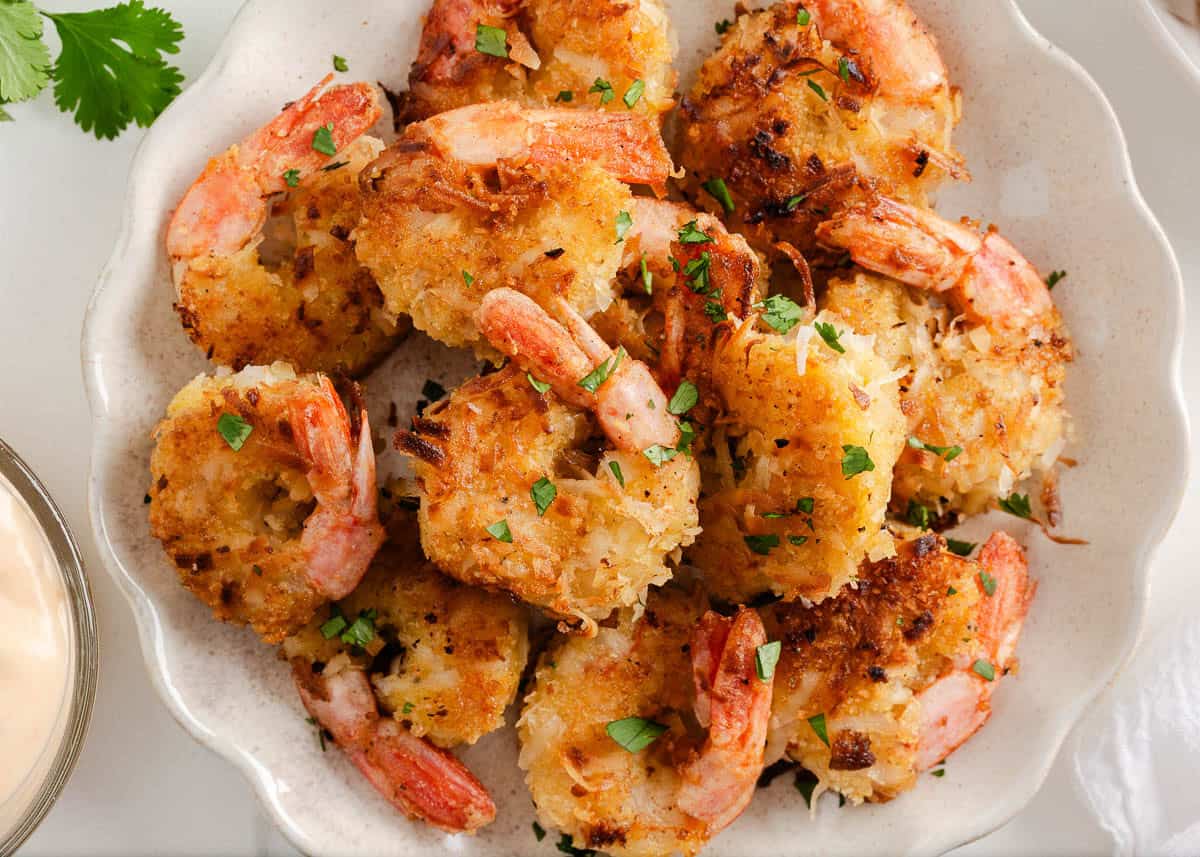 Coconut shrimp on a plate.