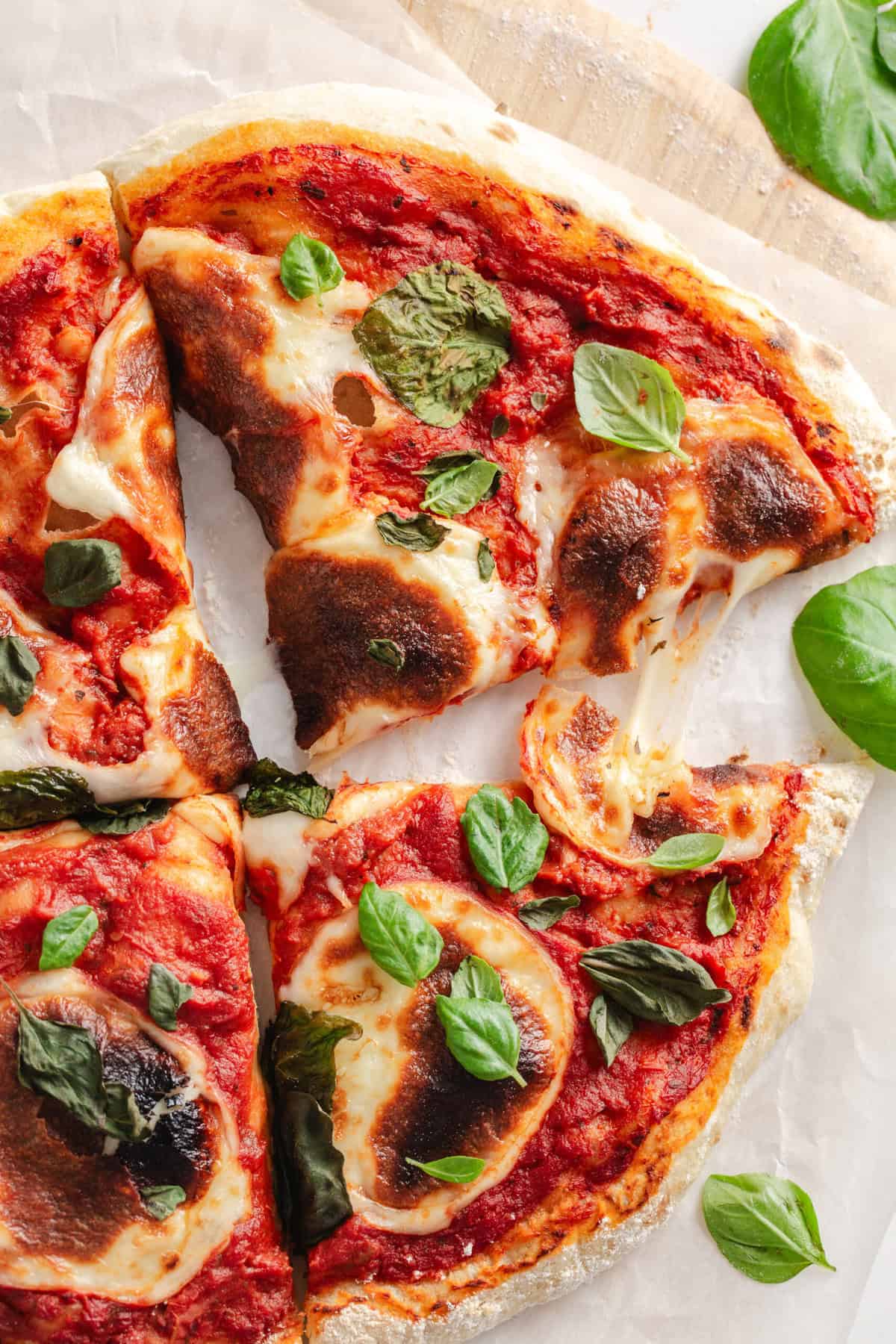 Sliced sourdough pizza.