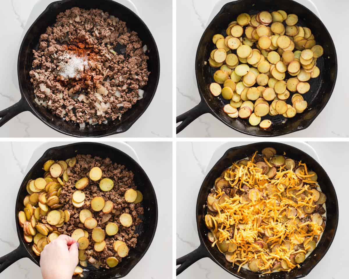 Simple yet packed with flavor, this ground beef and potatoes is an easy to make 'meat and potatoes' skillet recipe full of cheesy comfort that the whole family will love! Showing how to make ground beef and potatoes.