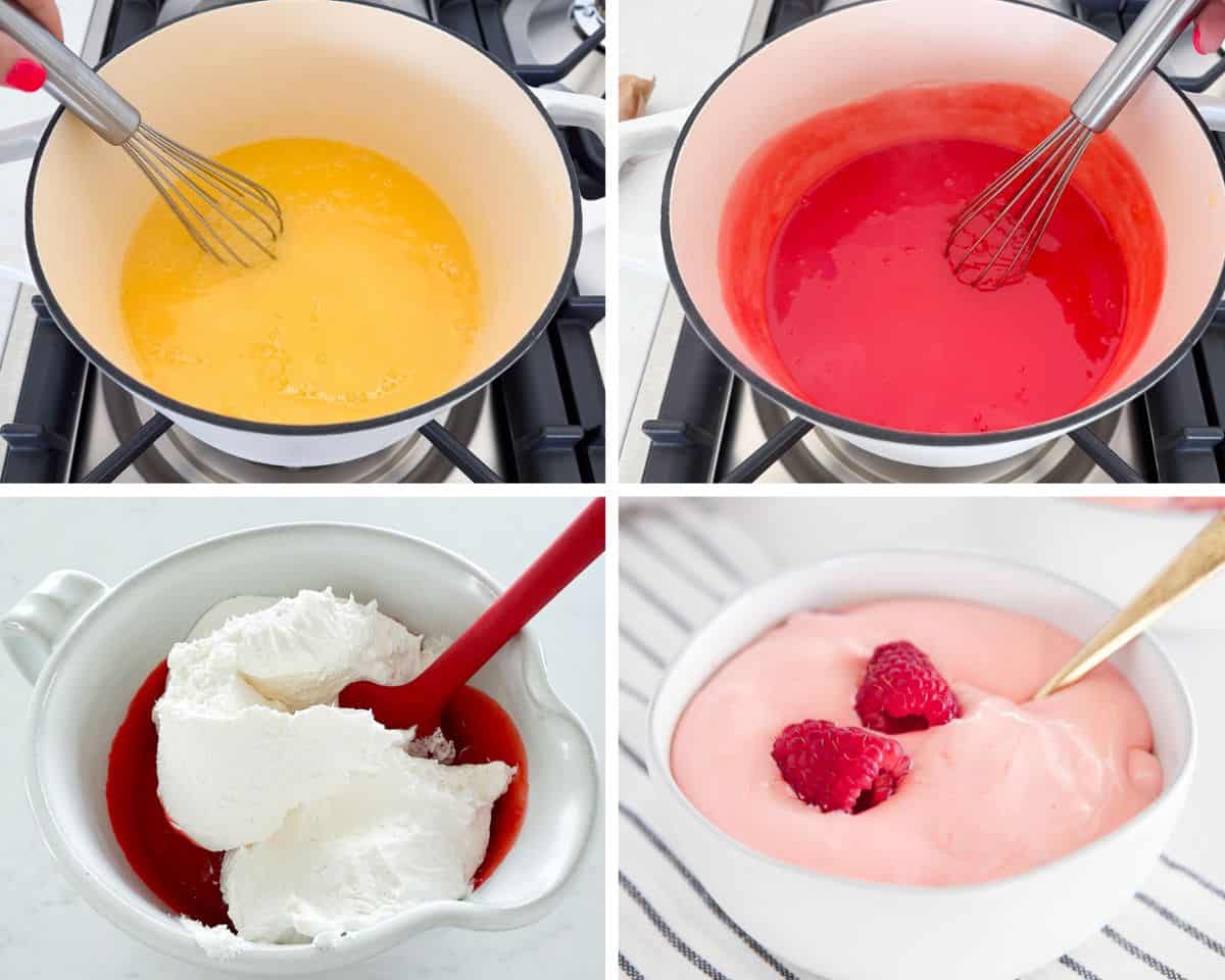 Showing how to make raspberry fluff.