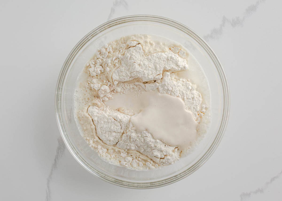 Sourdough, flour, yeast, water in a bowl.