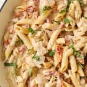 Marry me chicken pasta in a skillet.