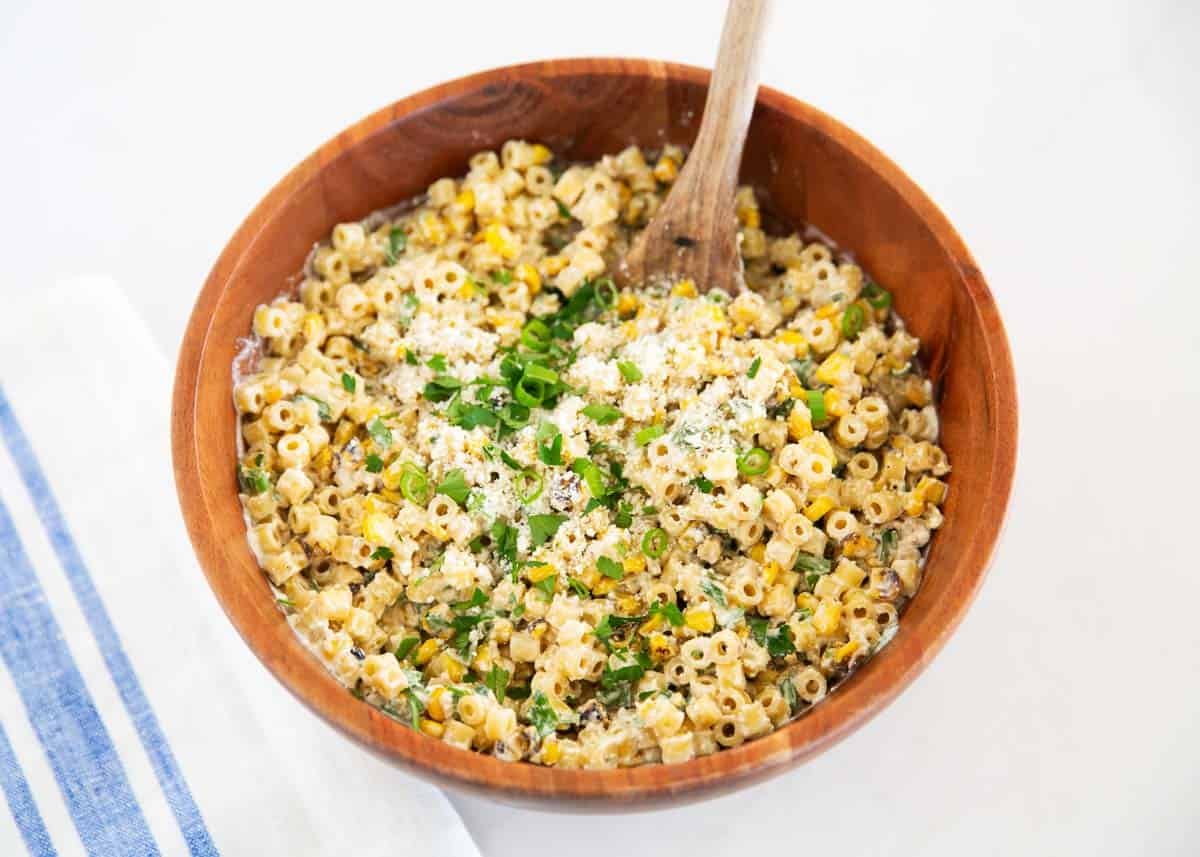 Mexican street corn pasta salad in a bowl.