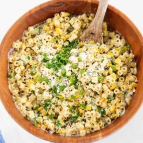 Mexican street corn pasta salad in a bowl.