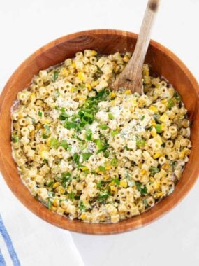 Mexican street corn pasta salad in a bowl.