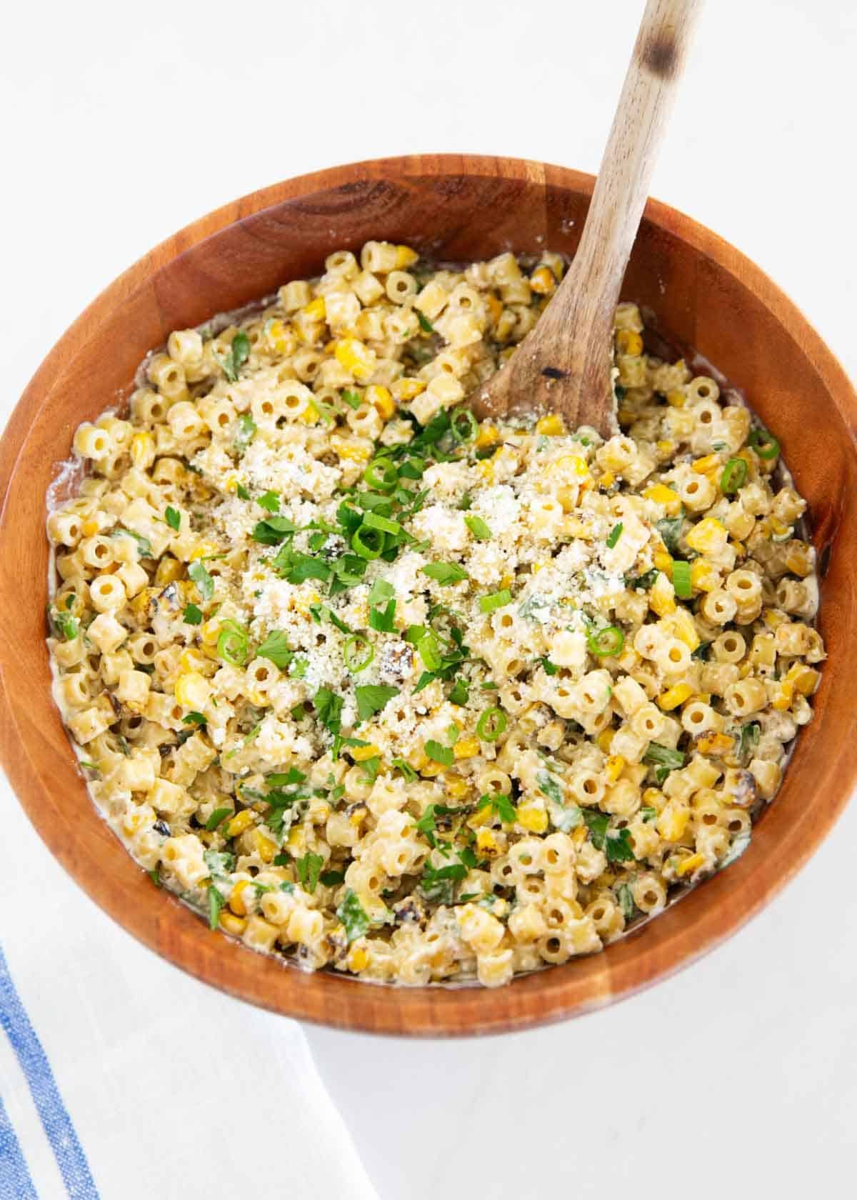 Mexican street corn pasta salad in a bowl.