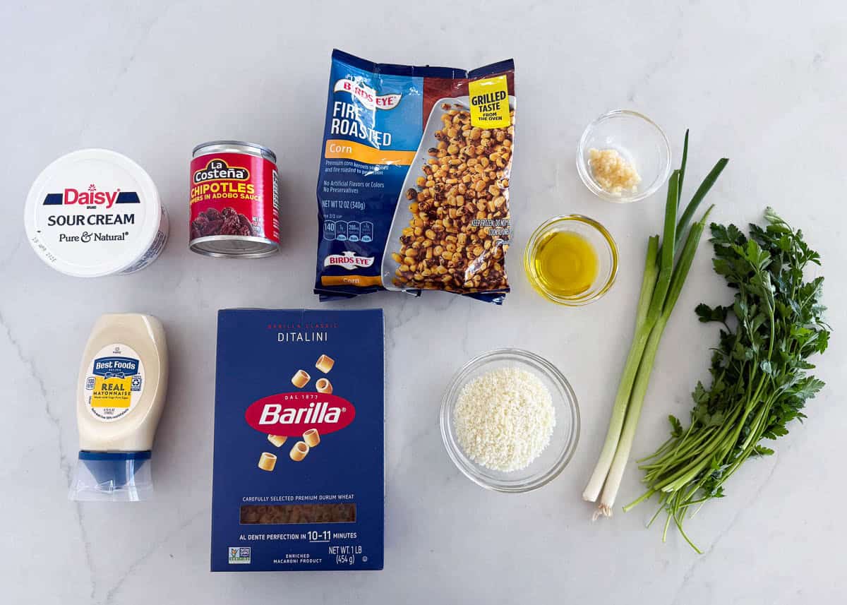 Mexican street corn pasta salad ingredients.