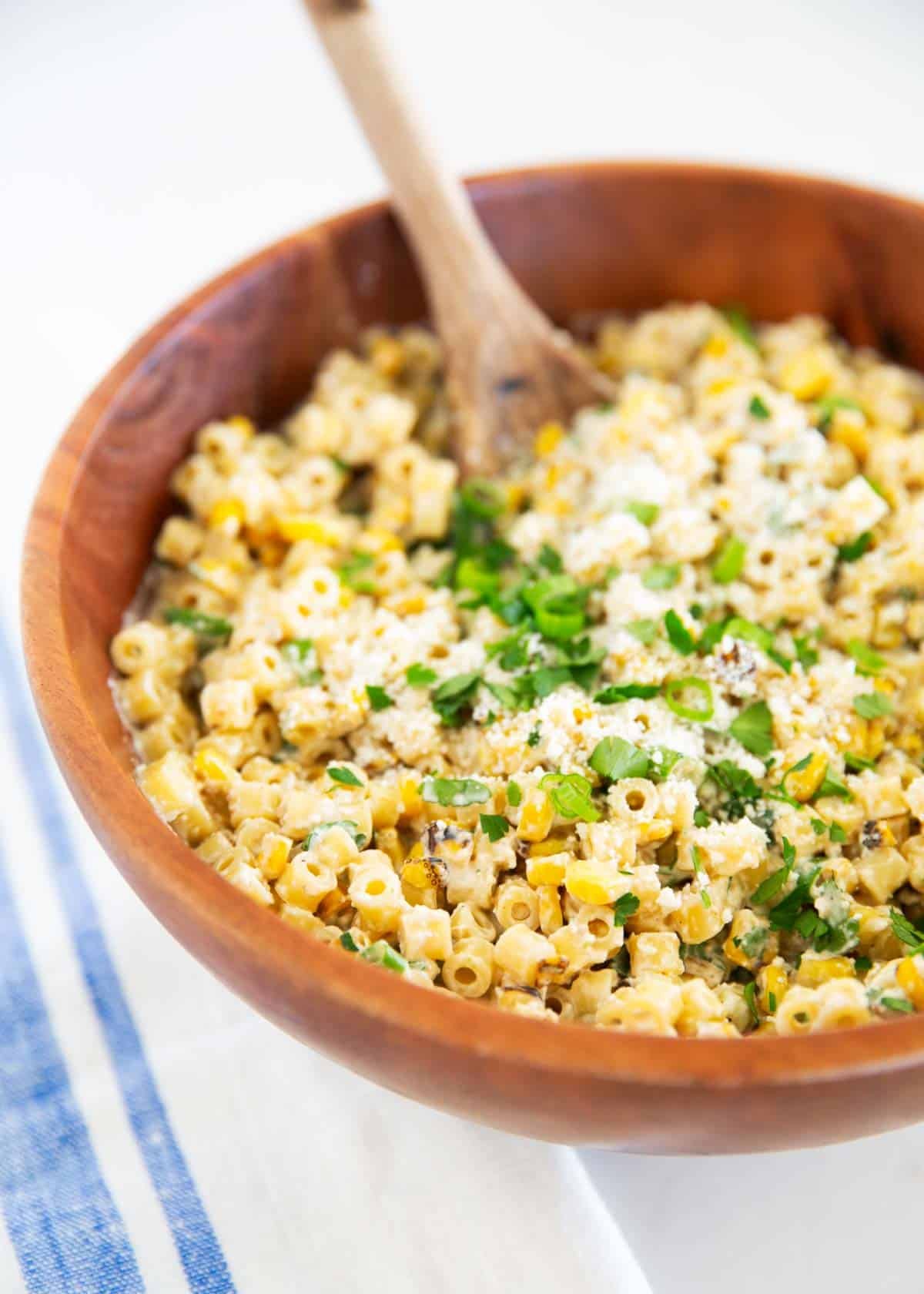 Mexican street corn pasta salad in a bowl.