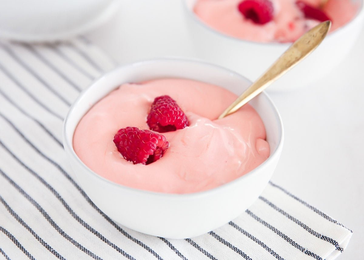 Raspberry fluff in a bowl.
