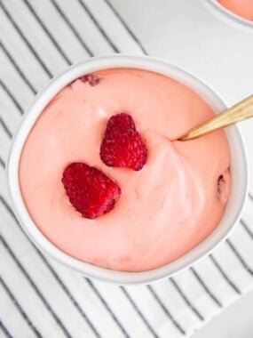 Raspberry fluff in a bowl.