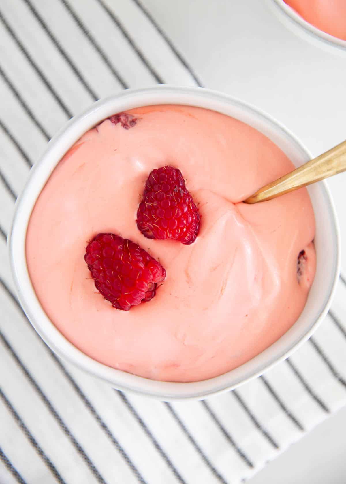 Raspberry fluff in a bowl.