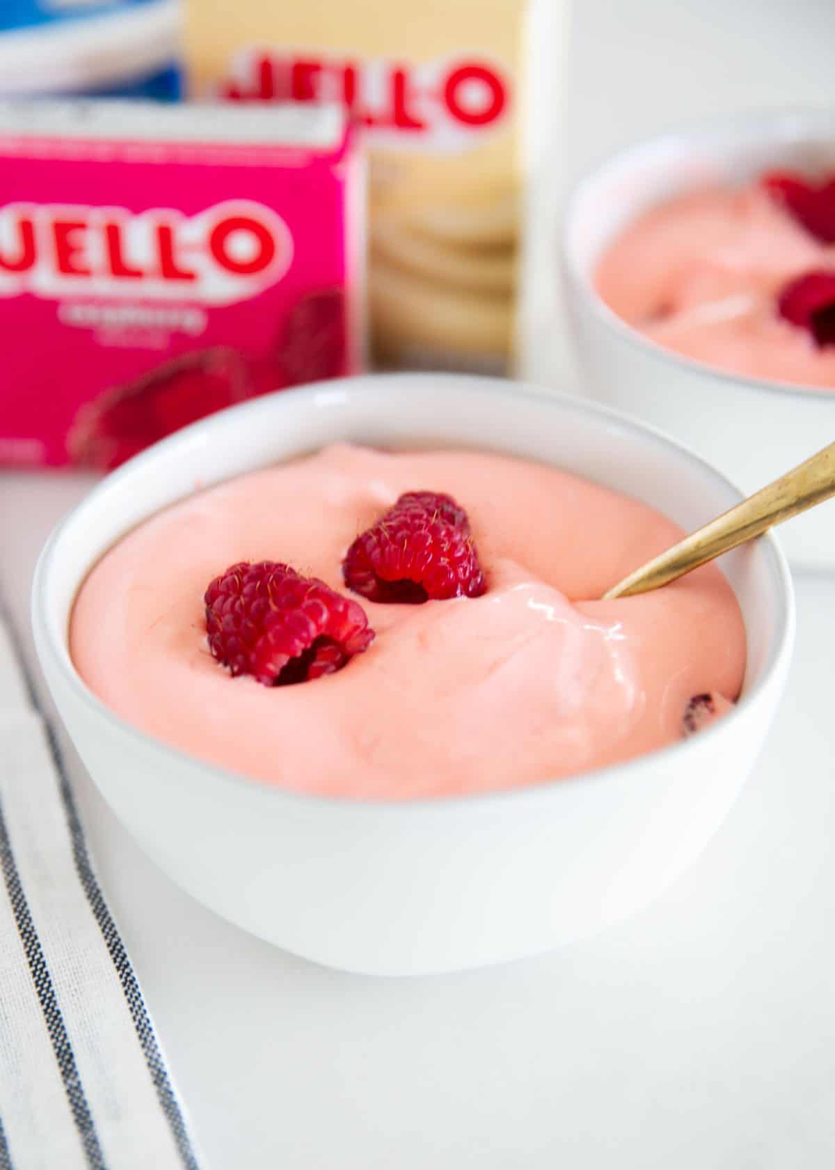 Raspberry fluff in a bowl.
