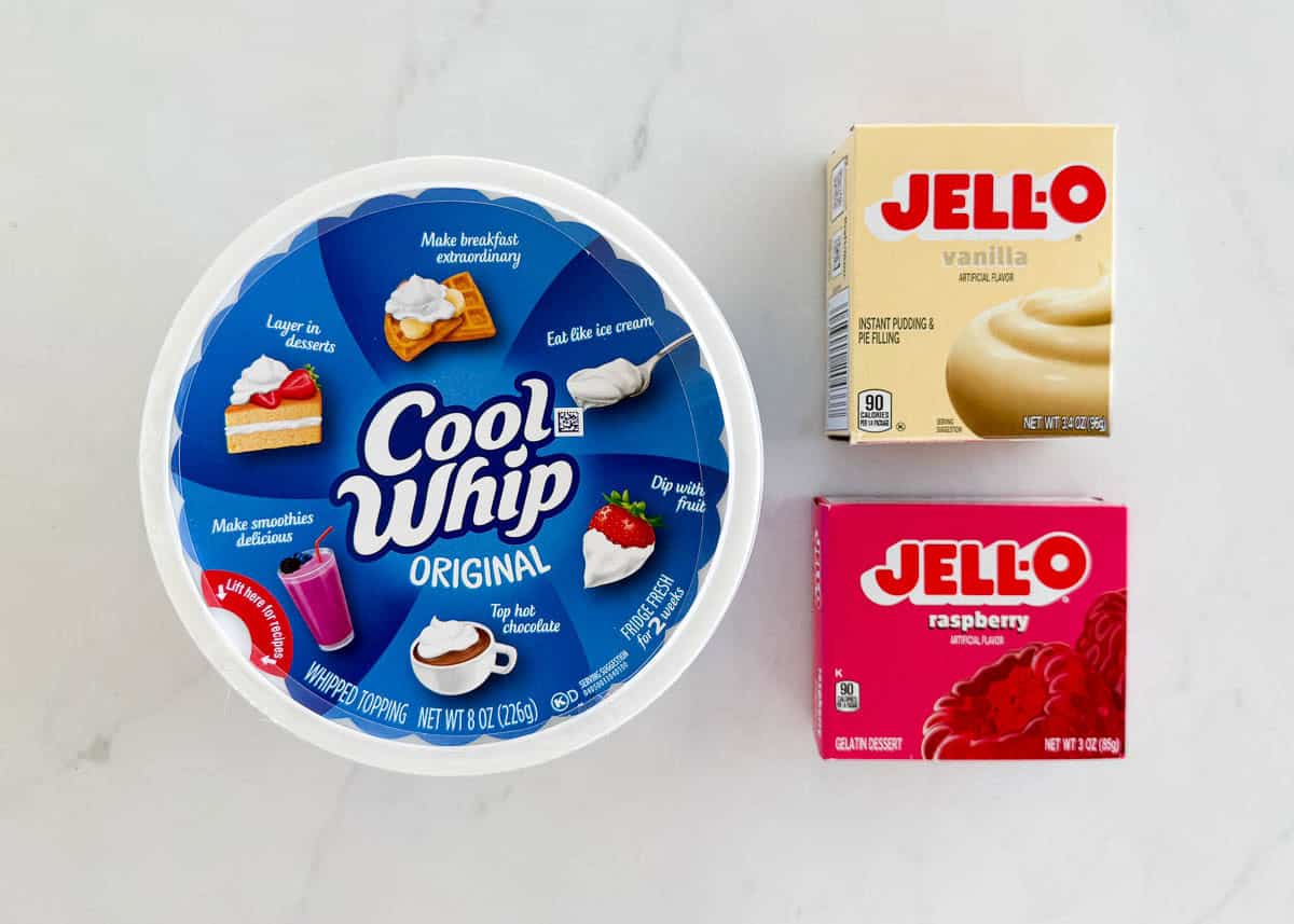 Raspberry fluff ingredients on the counter.