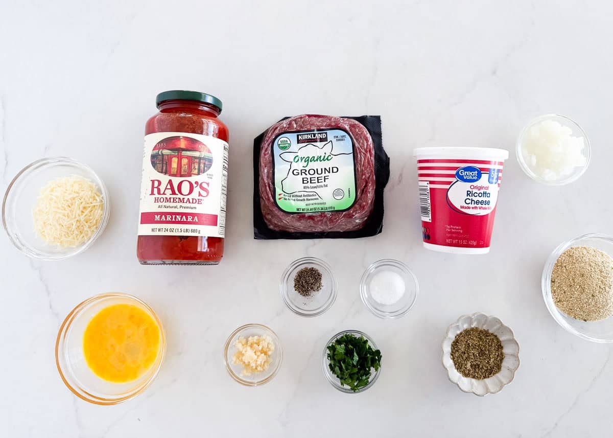 Ricotta meatballs ingredients on the counter.