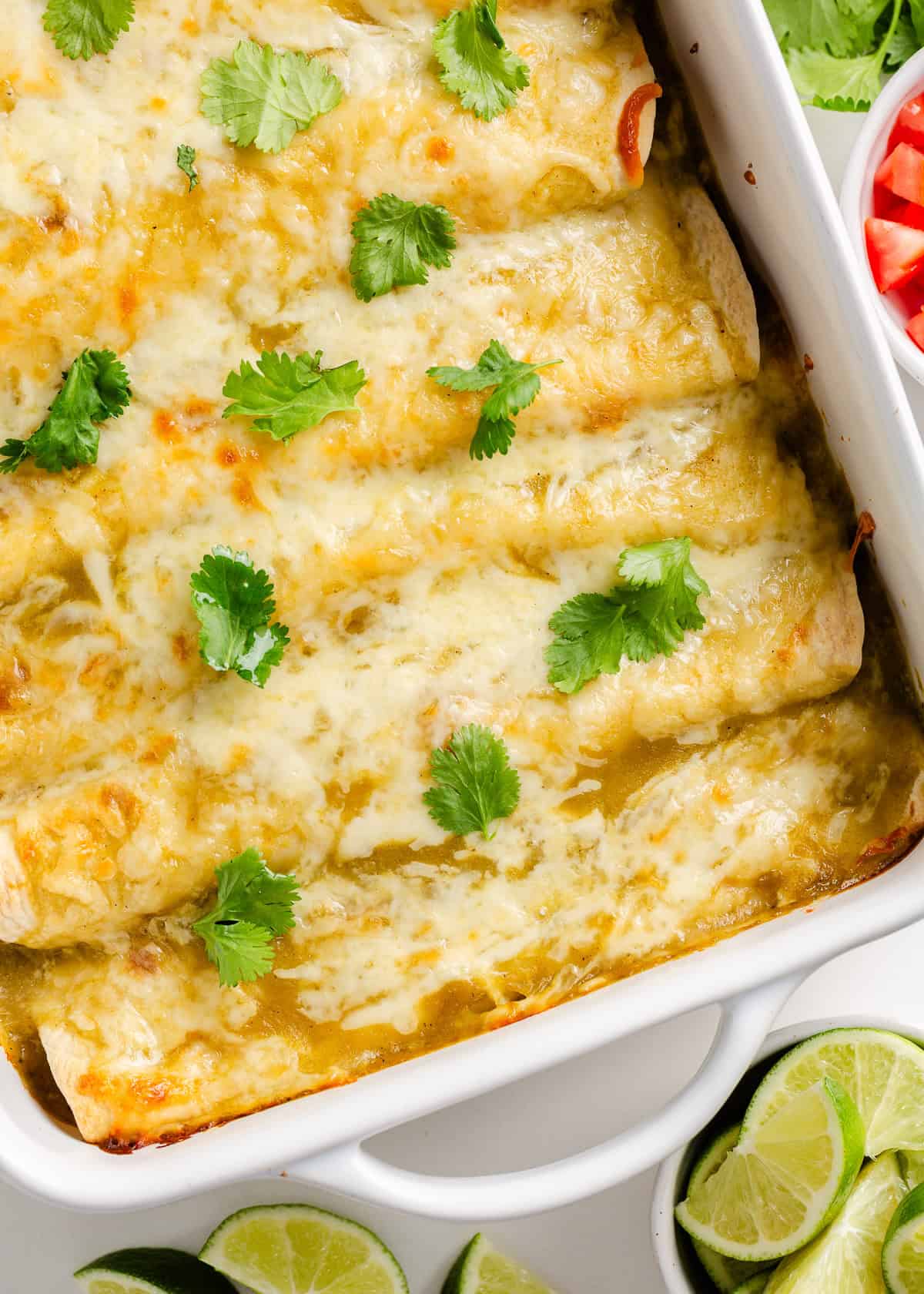 Cream cheese chicken enchiladas in a white baking dish.