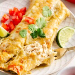 Cream cheese chicken enchiladas on a plate.