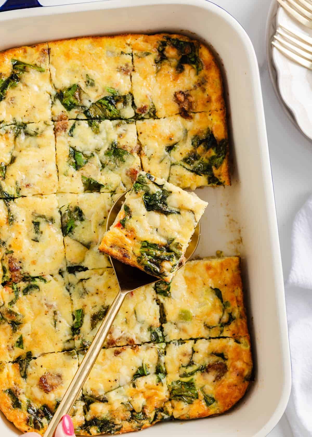 Sliced breakfast casserole.