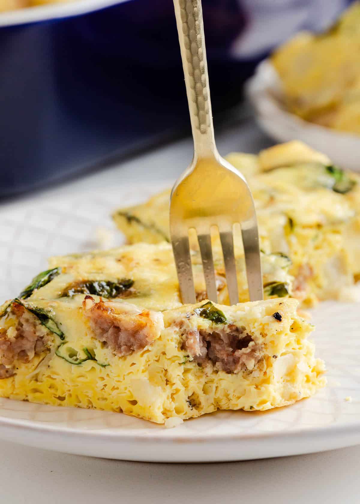 Slice of breakfast casserole.