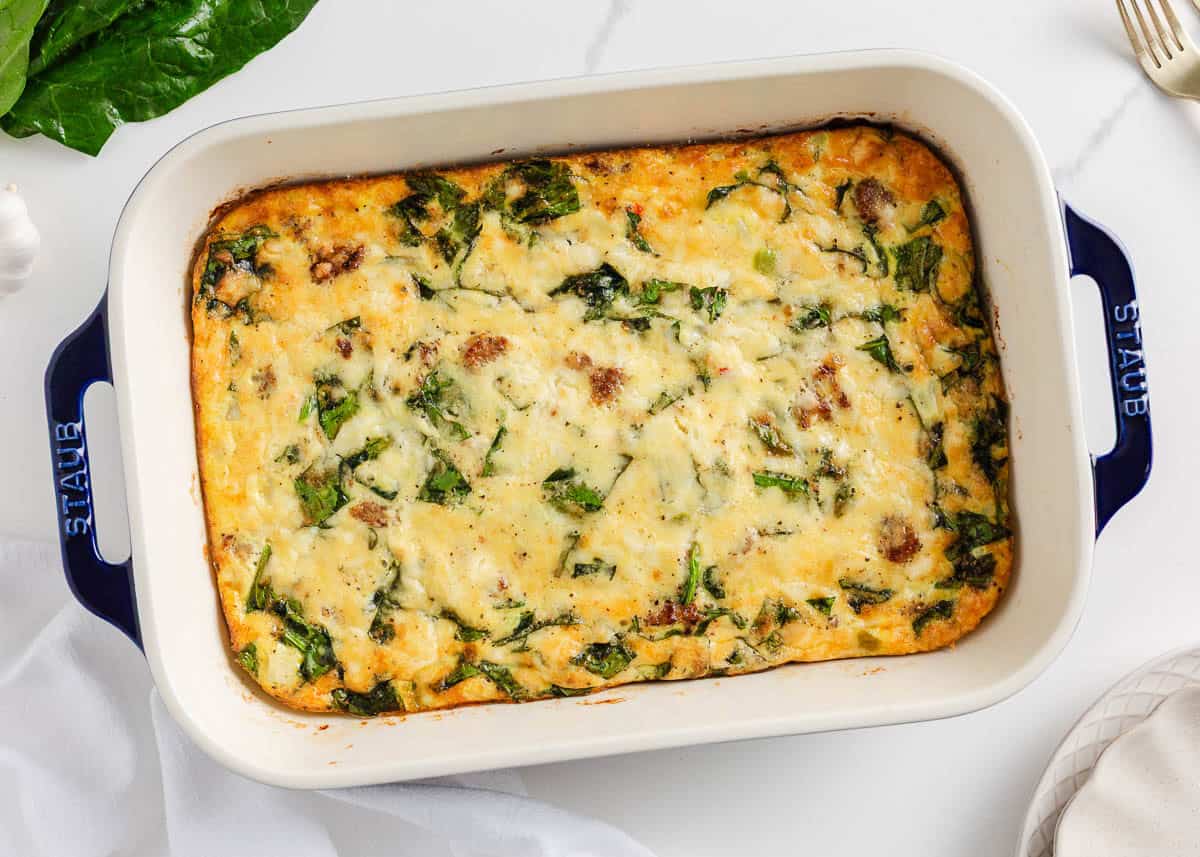 Easy breakfast casserole in a baking dish.