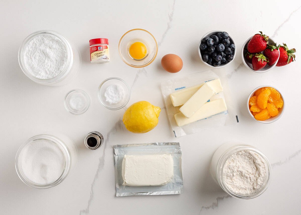 Ingredients for fruit pizza cookies on the counter.