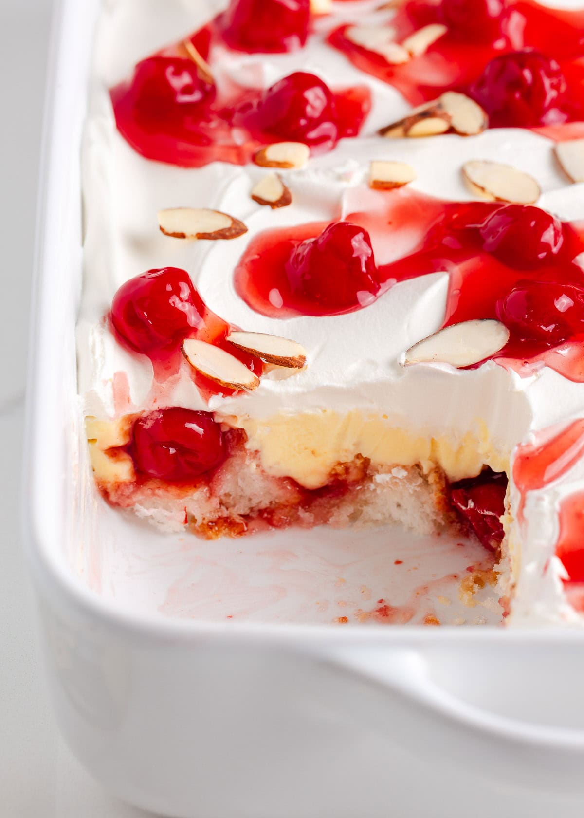 Heaven on earth cake in a white baking dish.