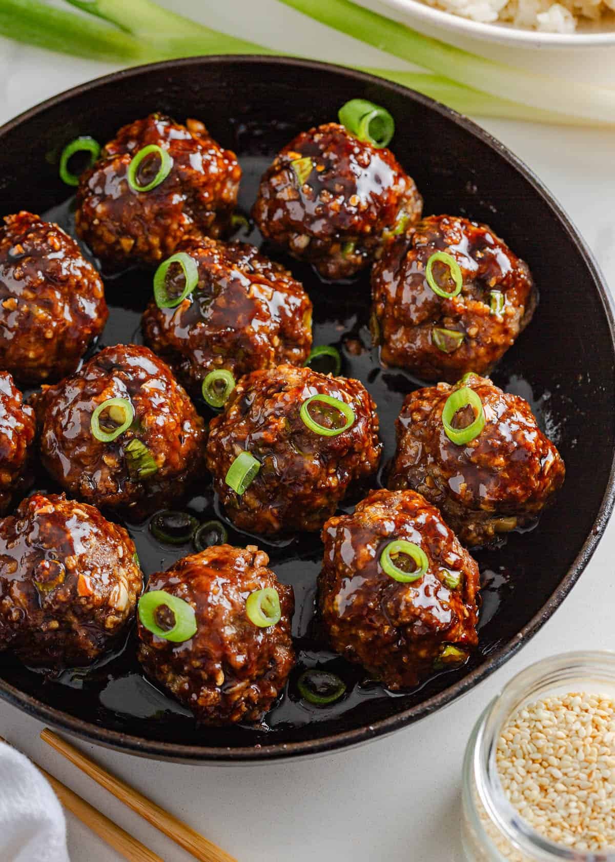 Korean meatballs in a skillet.