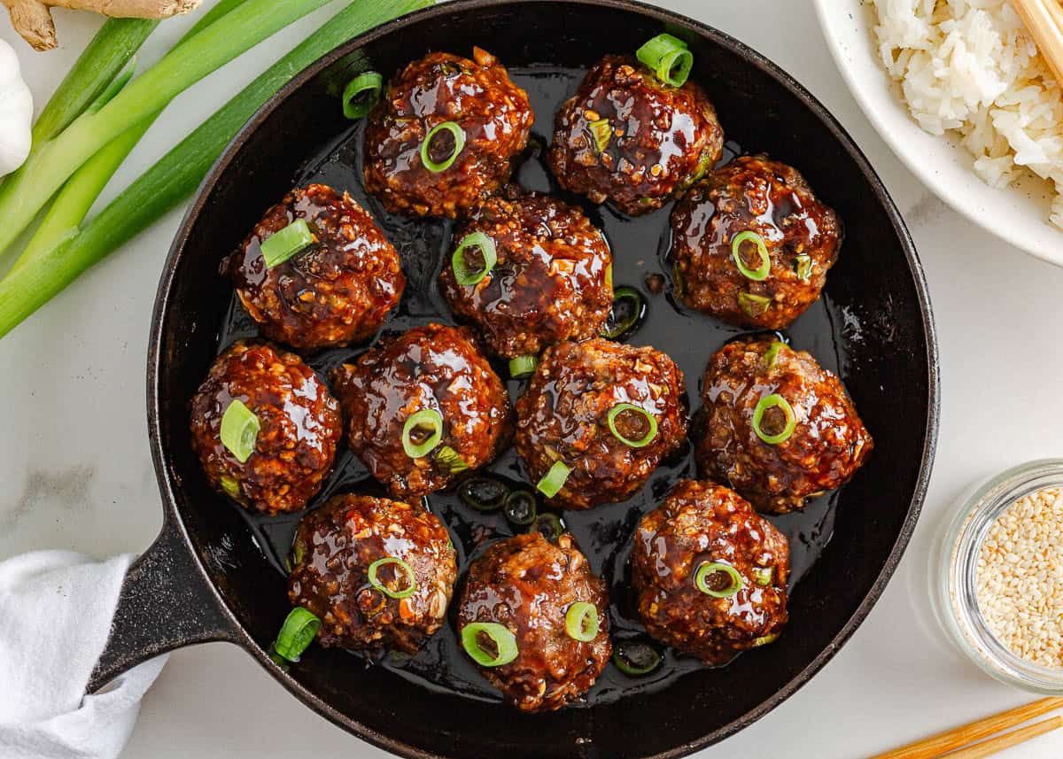 Korean meatballs in a skillet.
