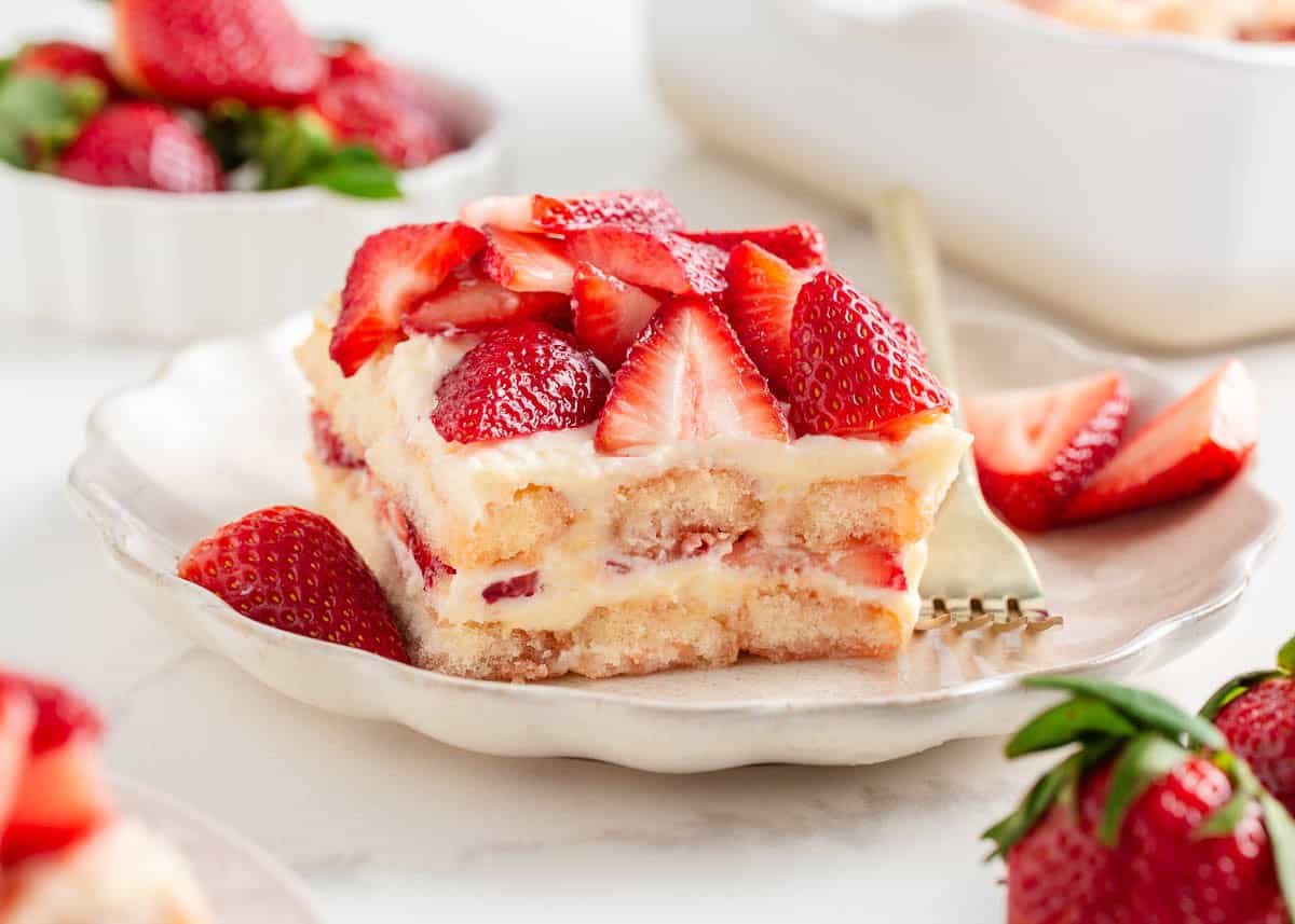 Slice of strawberry tiramusu. 