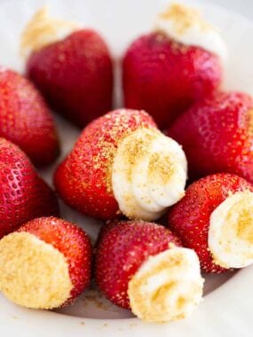 Cheesecake stuffed strawberries.