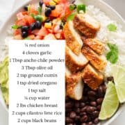Chipotle chicken burrito bowl with ingredients listed.