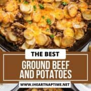 Ground beef and potatoes in a cast iron skillet.