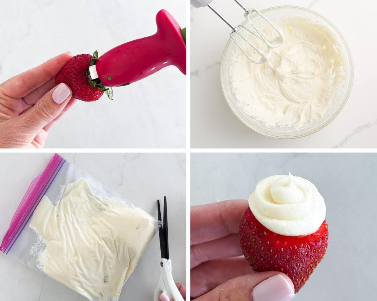 Showing how to make cheesecake stuffed strawberries.