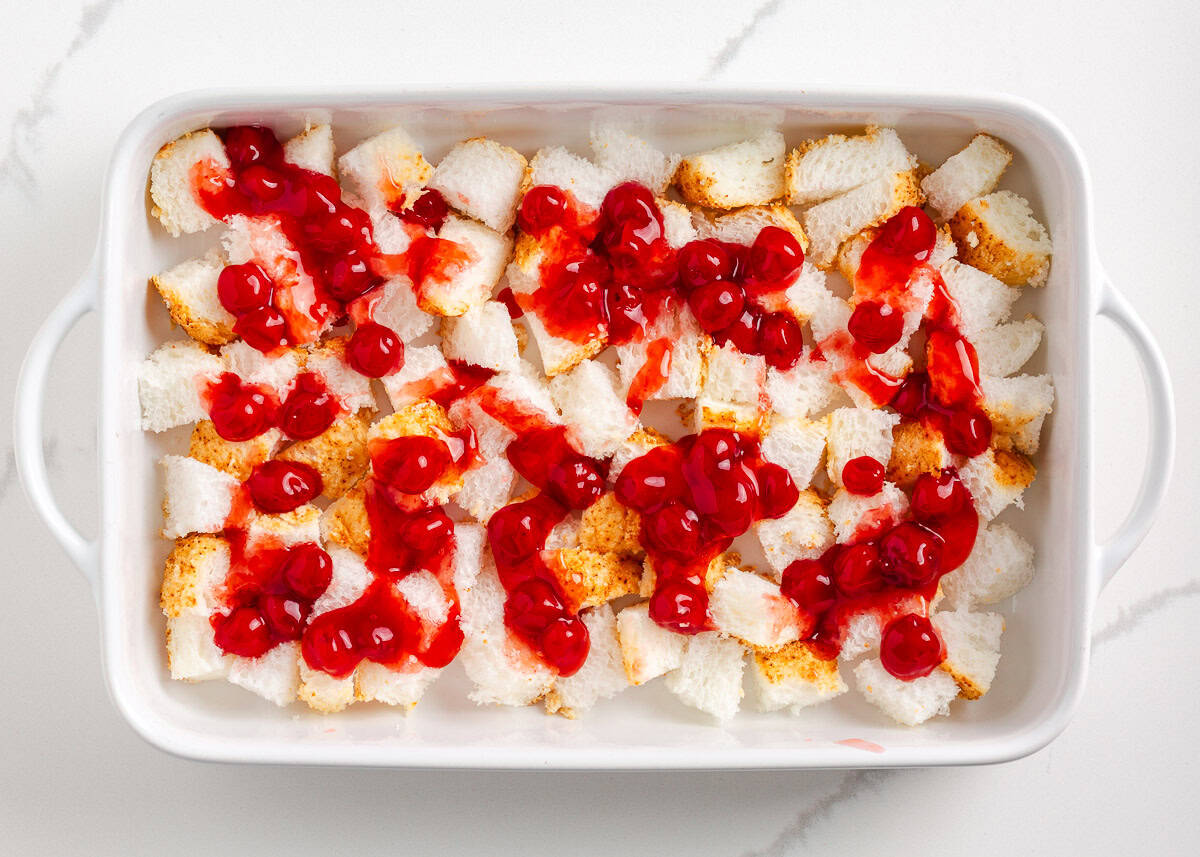 Cherry pie filling layered over angel food cake.