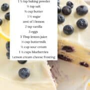 Lemon blueberry cake with a slice missing and ingredients listed.