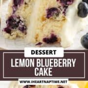 Lemon blueberry cake sliced on a plate.