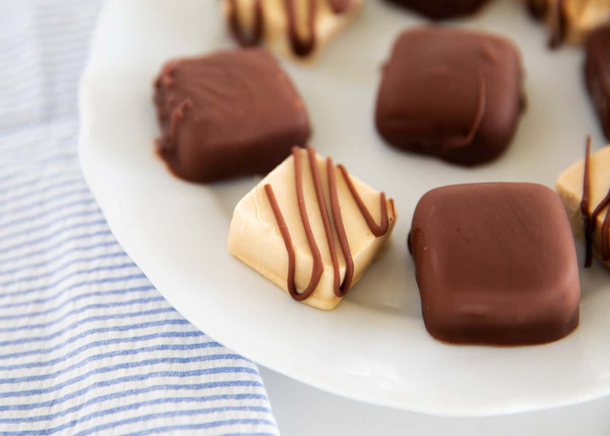 These frozen peanut butter Greek yogurt bites are an easy, no-bake healthy dessert made with a creamy protein packed peanut butter yogurt filling covered in chocolate. Peanut butter yogurt bites on a plate.