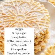 Pizzelle cookies with ingredients listed.