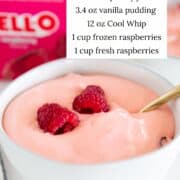 Raspberry fluff in a bowl with ingredients listed.