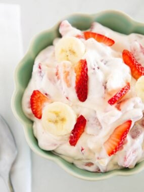 Strawberry cheesecake salad in a bowl.