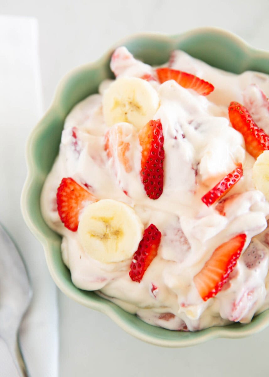 Strawberry cheesecake salad in a bowl.