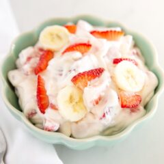 Strawberry cheesecake salad in a bowl.