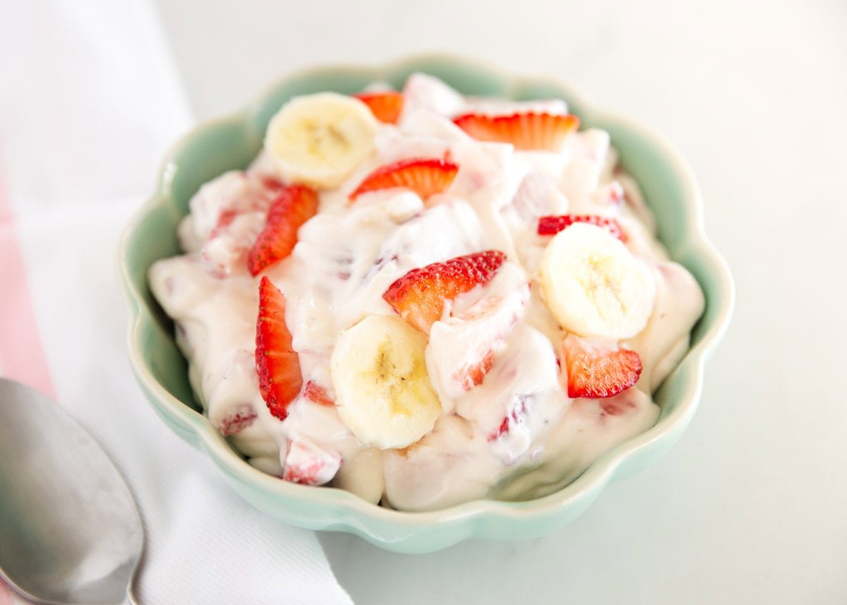 Strawberry cheesecake salad in a bowl.