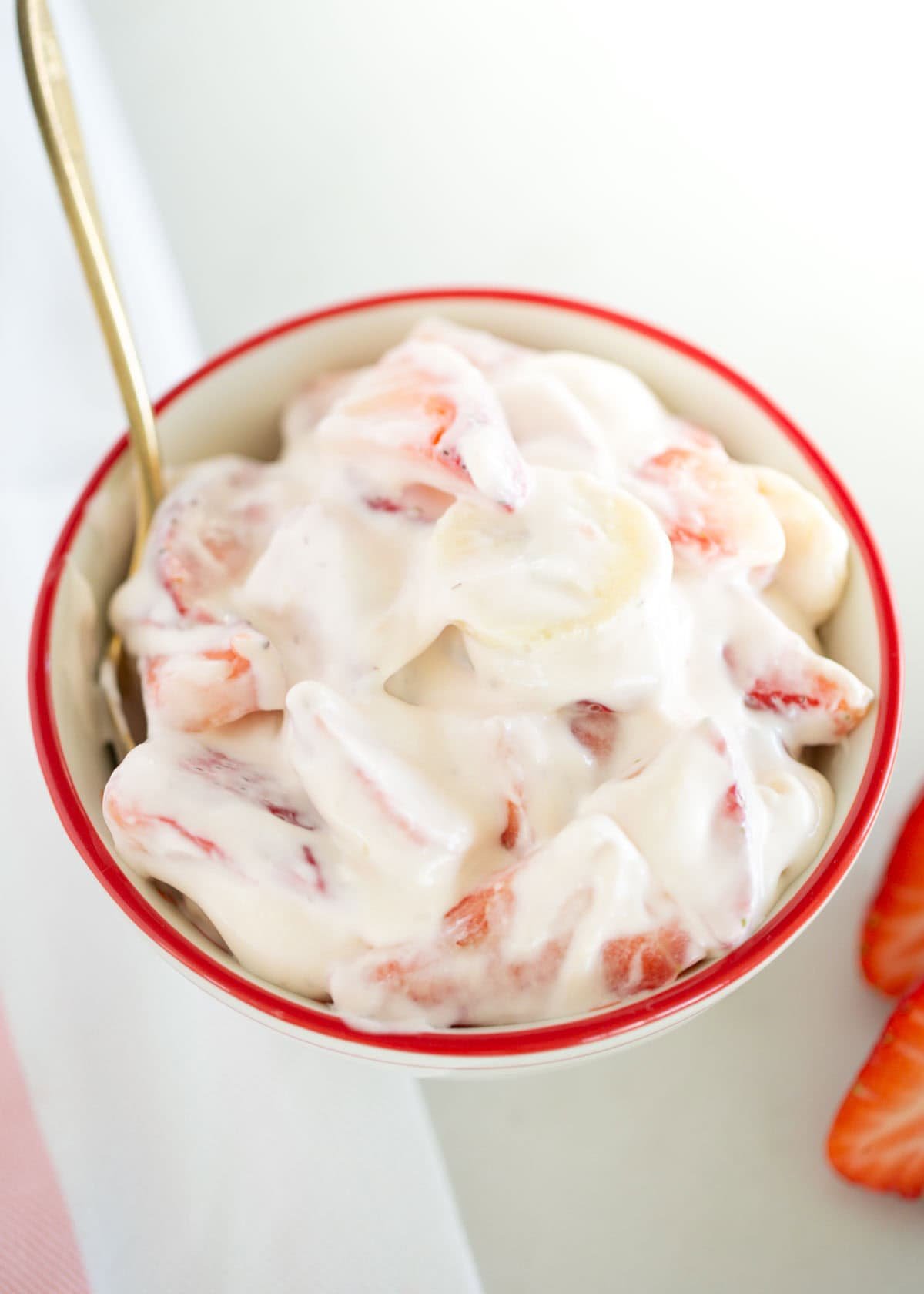 Strawberry cheesecake salad in bowl.