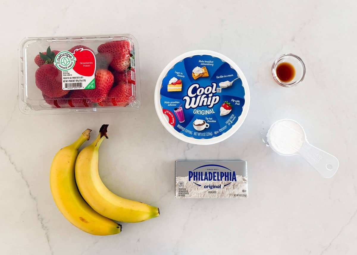 Strawberry cheesecake salad ingredients.